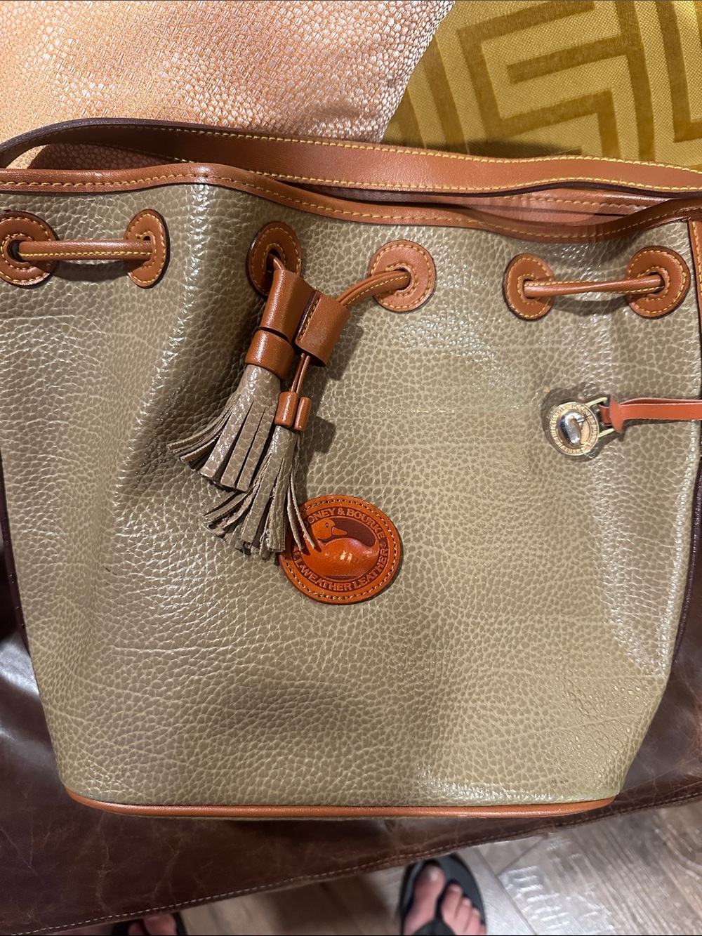 D&B Olive Pebble Leather Drawstring Tote with Tan Trim